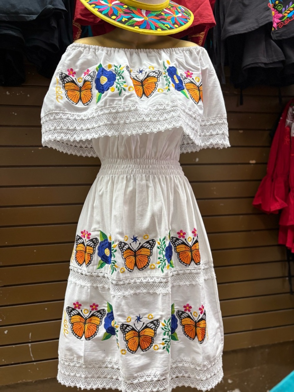 Mexican Off-Shoulder Embroidered Butterfly Dress/ Vestido Mexicano